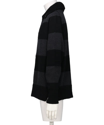 FUZZY COLLAR STRIPED RUGBY KNIT CARDIGANW/ EMB