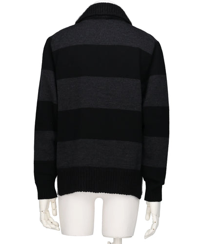 FUZZY COLLAR STRIPED RUGBY KNIT CARDIGANW/ EMB