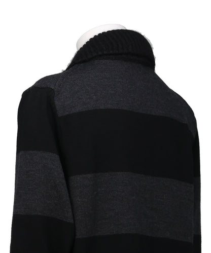 FUZZY COLLAR STRIPED RUGBY KNIT CARDIGANW/ EMB