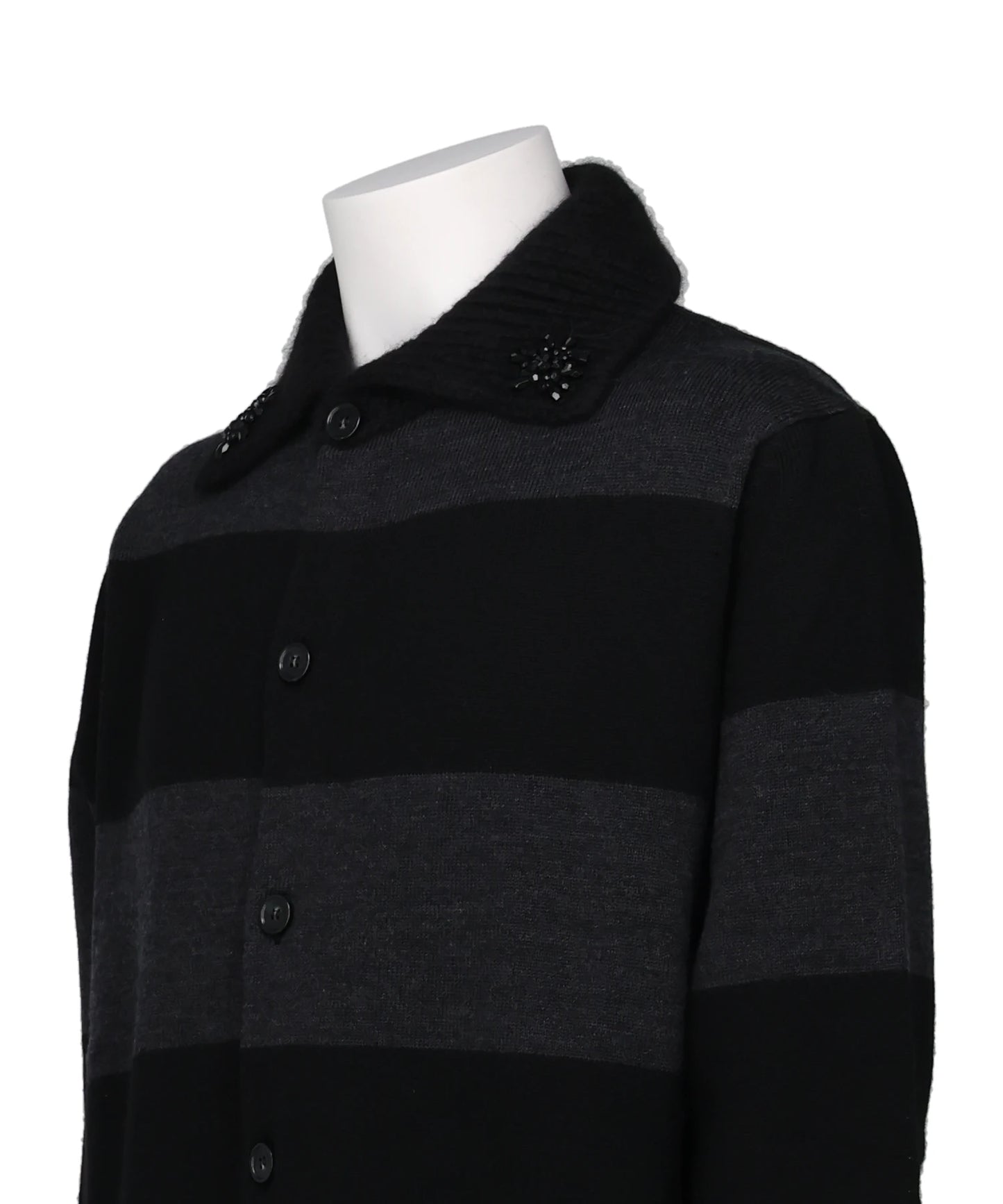 FUZZY COLLAR STRIPED RUGBY KNIT CARDIGANW/ EMB