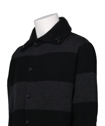 FUZZY COLLAR STRIPED RUGBY KNIT CARDIGANW/ EMB
