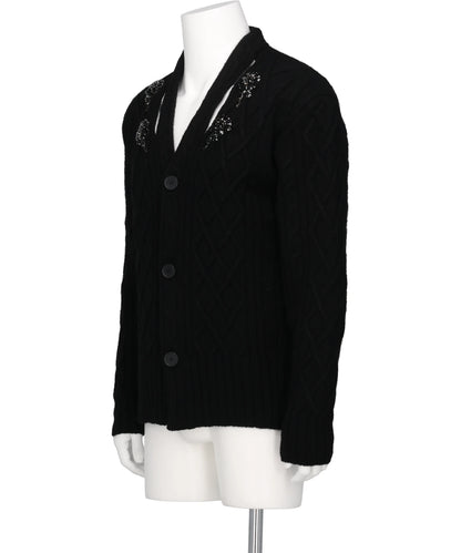 CABLE KNIT SLASH CARDIGAN W/EMB