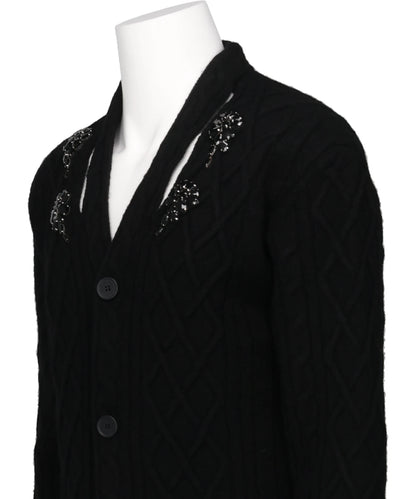 CABLE KNIT SLASH CARDIGAN W/EMB