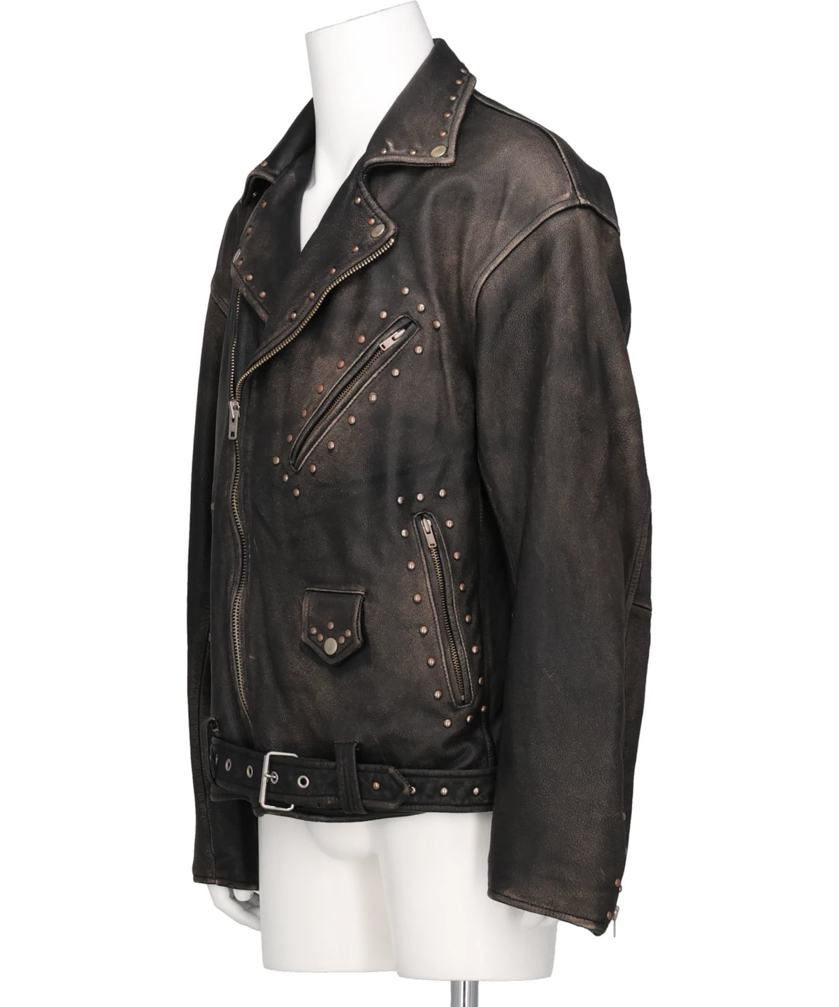 DISTRESSED LEATHER STUDDED BIKER JACKET