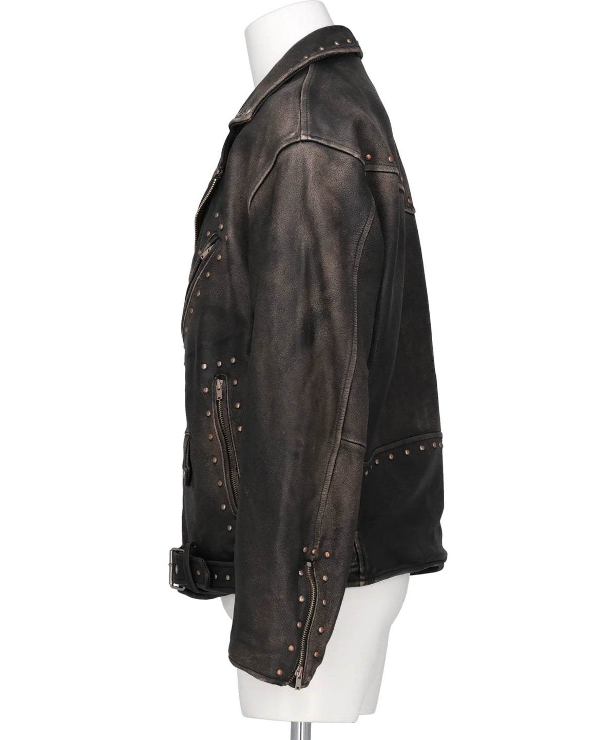 DISTRESSED LEATHER STUDDED BIKER JACKET