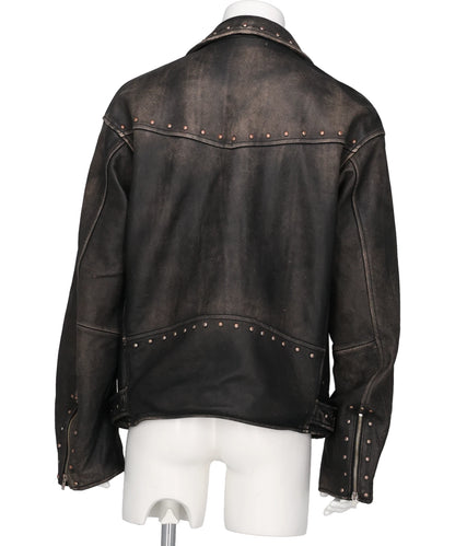 DISTRESSED LEATHER STUDDED BIKER JACKET