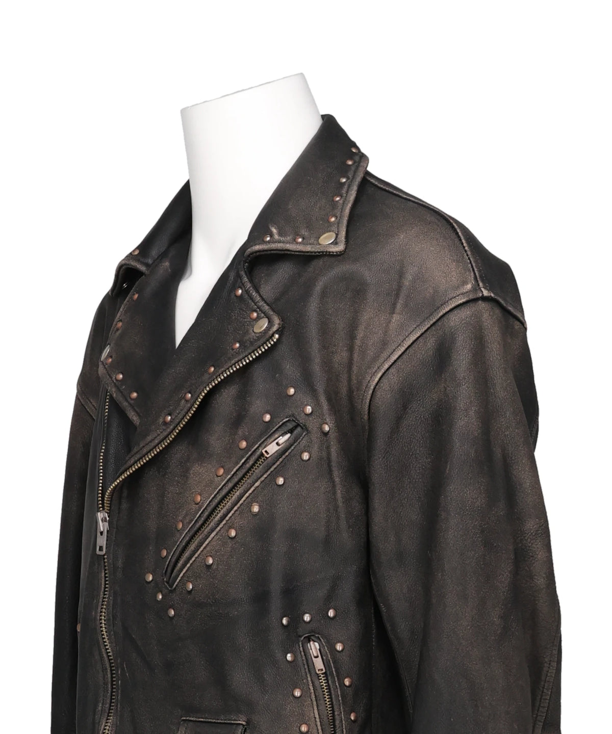 DISTRESSED LEATHER STUDDED BIKER JACKET