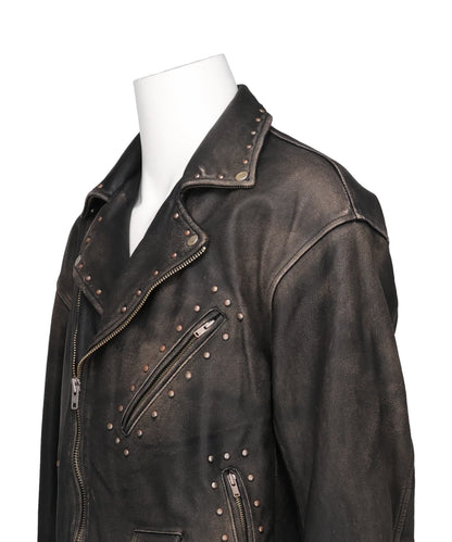 DISTRESSED LEATHER STUDDED BIKER JACKET