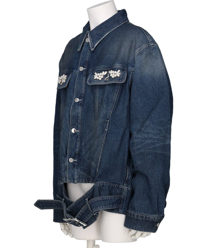 MULTI BELT WAIST TAIL DENIMTRUCKER JACKET W/ EMB