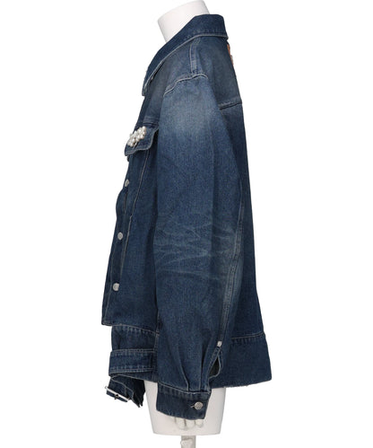 MULTI BELT WAIST TAIL DENIMTRUCKER JACKET W/ EMB