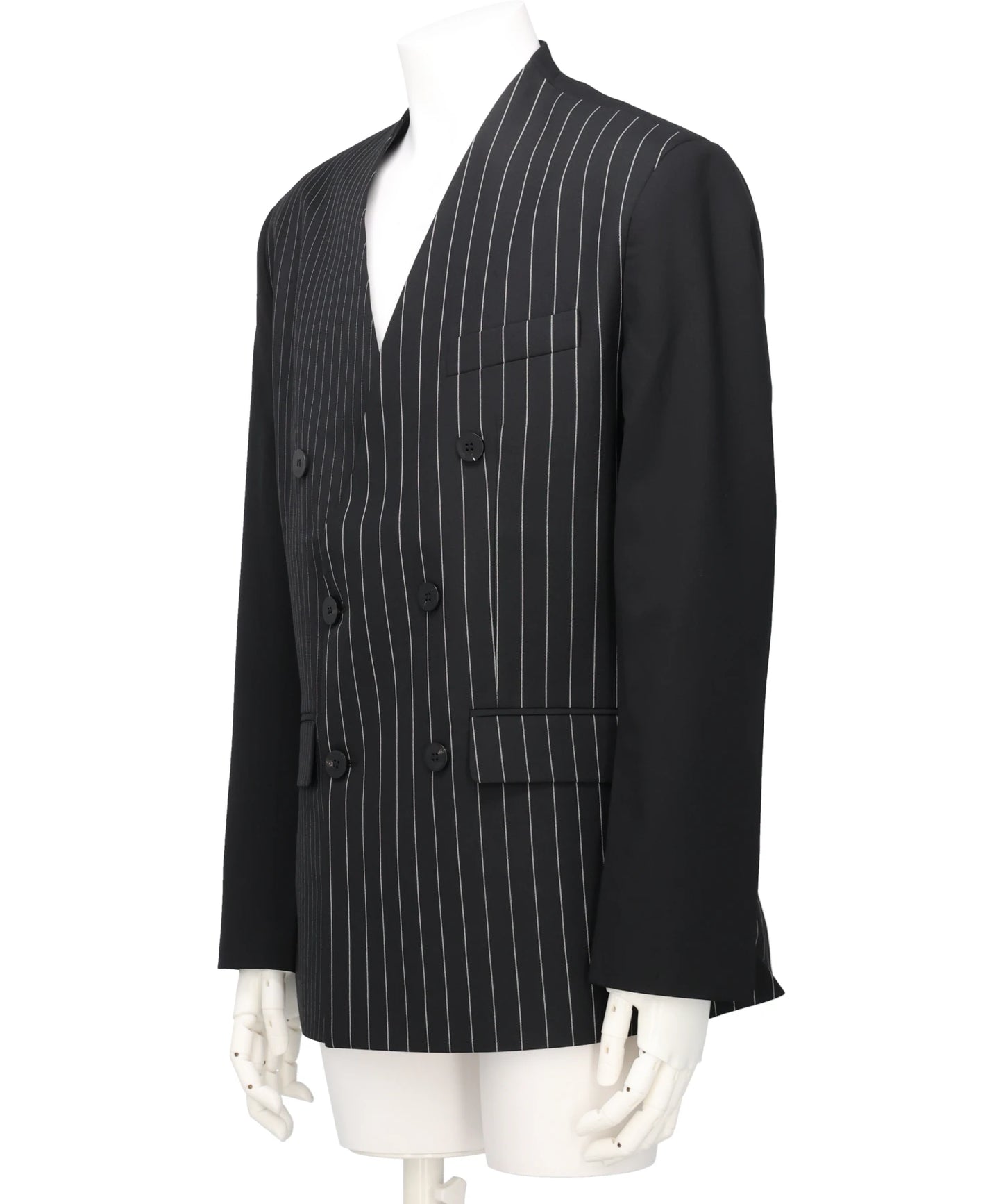 PATCHED PIN STRIPE LAPELESS BLAZER