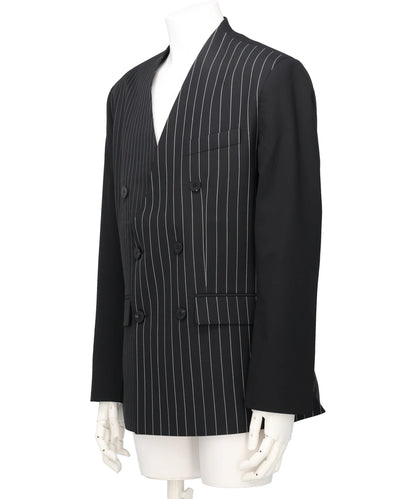 PATCHED PIN STRIPE LAPELESS BLAZER