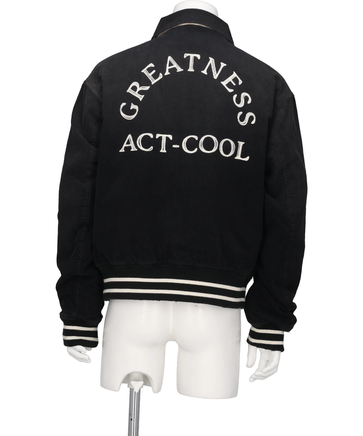 "GREATNESS ACT-COOL"EMBROIDEREDSUN-FADED VARSITY JACKET