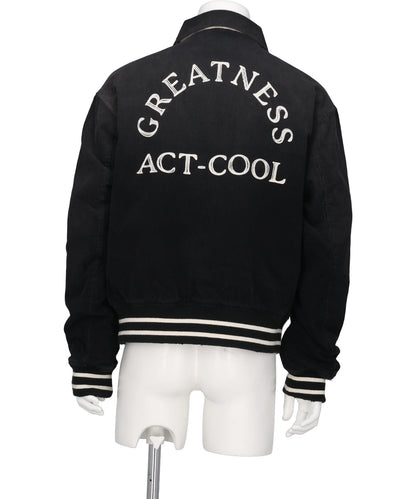 "GREATNESS ACT-COOL"EMBROIDEREDSUN-FADED VARSITY JACKET