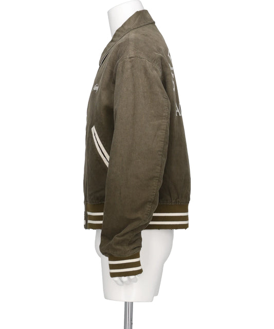 "GREATNESS ACT-COOL"EMBROIDEREDSUN-FADED VARSITY JACKET
