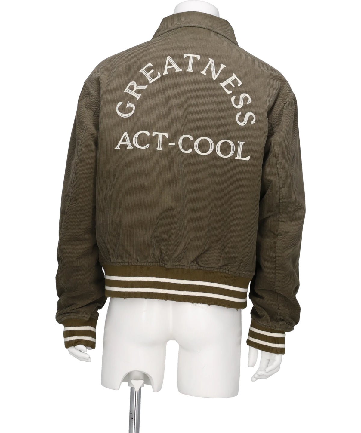 "GREATNESS ACT-COOL"EMBROIDEREDSUN-FADED VARSITY JACKET