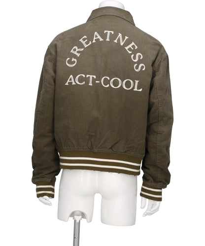 "GREATNESS ACT-COOL"EMBROIDEREDSUN-FADED VARSITY JACKET