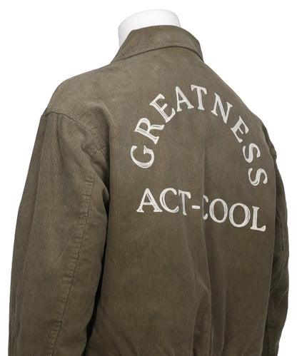 "GREATNESS ACT-COOL"EMBROIDEREDSUN-FADED VARSITY JACKET