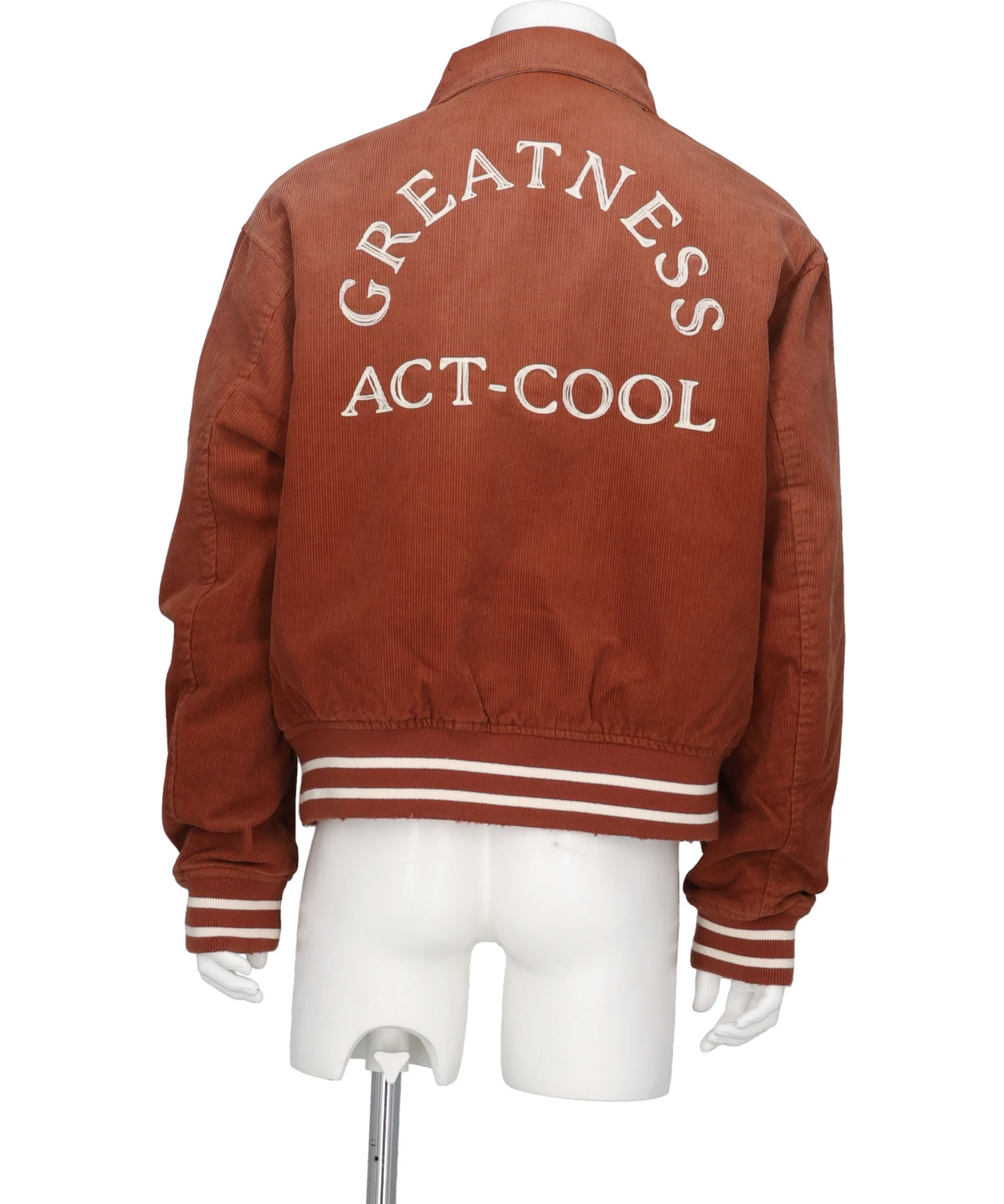 "GREATNESS ACT-COOL"EMBROIDEREDSUN-FADED VARSITY JACKET