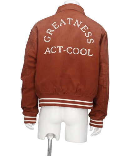 "GREATNESS ACT-COOL"EMBROIDEREDSUN-FADED VARSITY JACKET