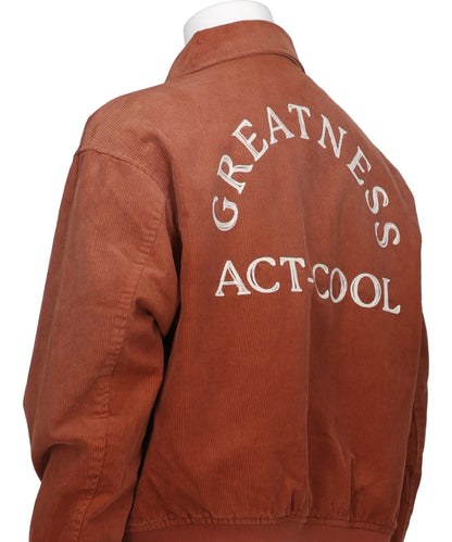 "GREATNESS ACT-COOL"EMBROIDEREDSUN-FADED VARSITY JACKET