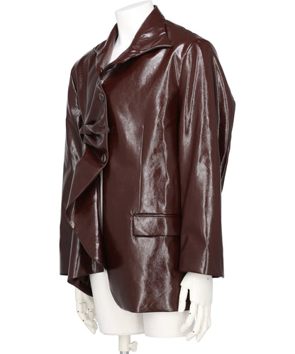 PLEATED BLAZER FAUX LEATHER MARRON
