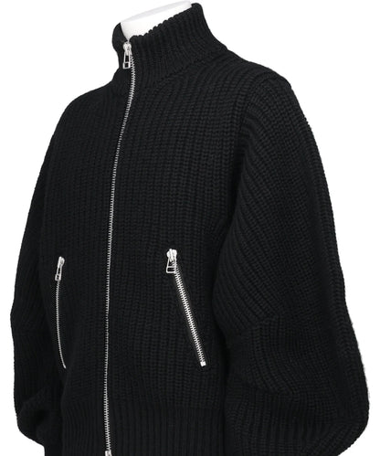 RIBED MASSIVE ROUNDED SLEEVEZIP-UP KNIT JACKET