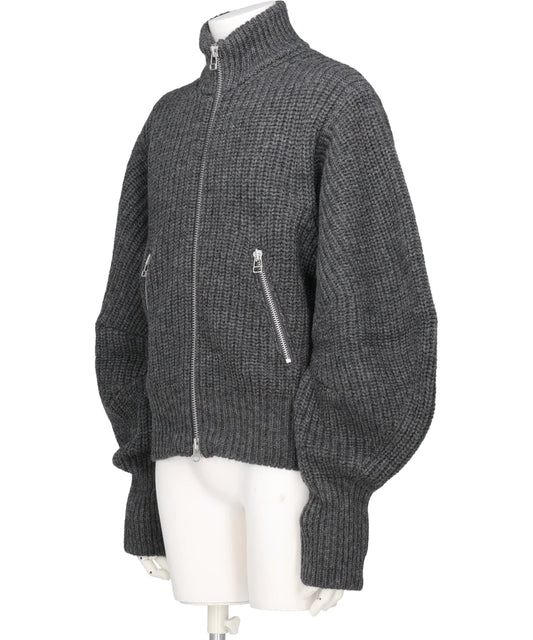 RIBED MASSIVE ROUNDED SLEEVEZIP-UP KNIT JACKET