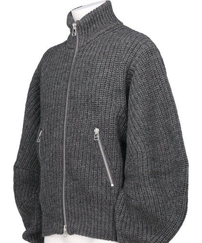 RIBED MASSIVE ROUNDED SLEEVEZIP-UP KNIT JACKET