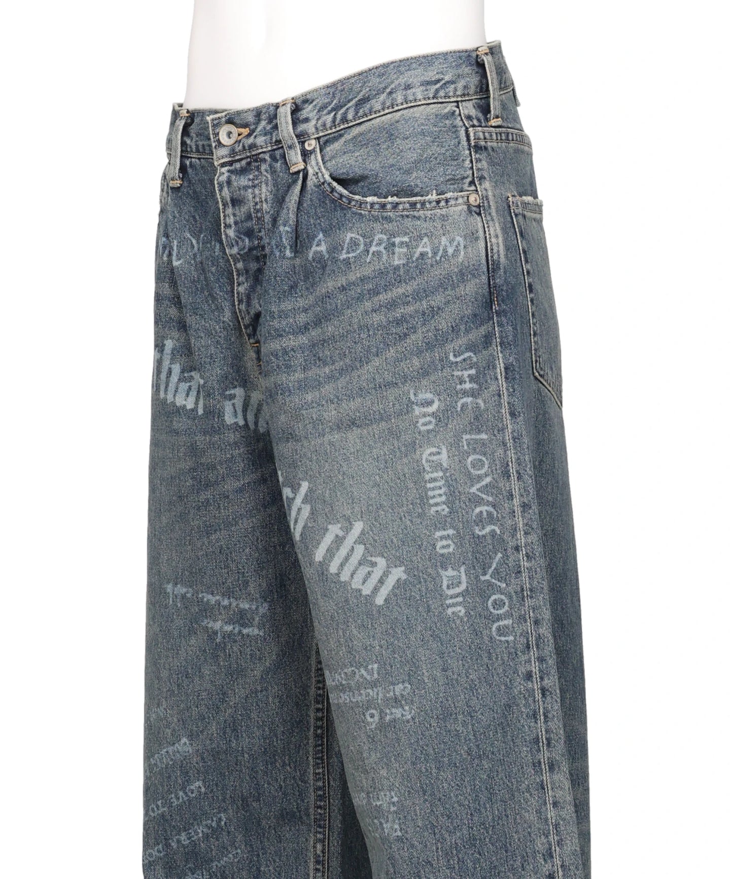 "TATTOO" LASER PRINTED WIDE DENIM PANTS