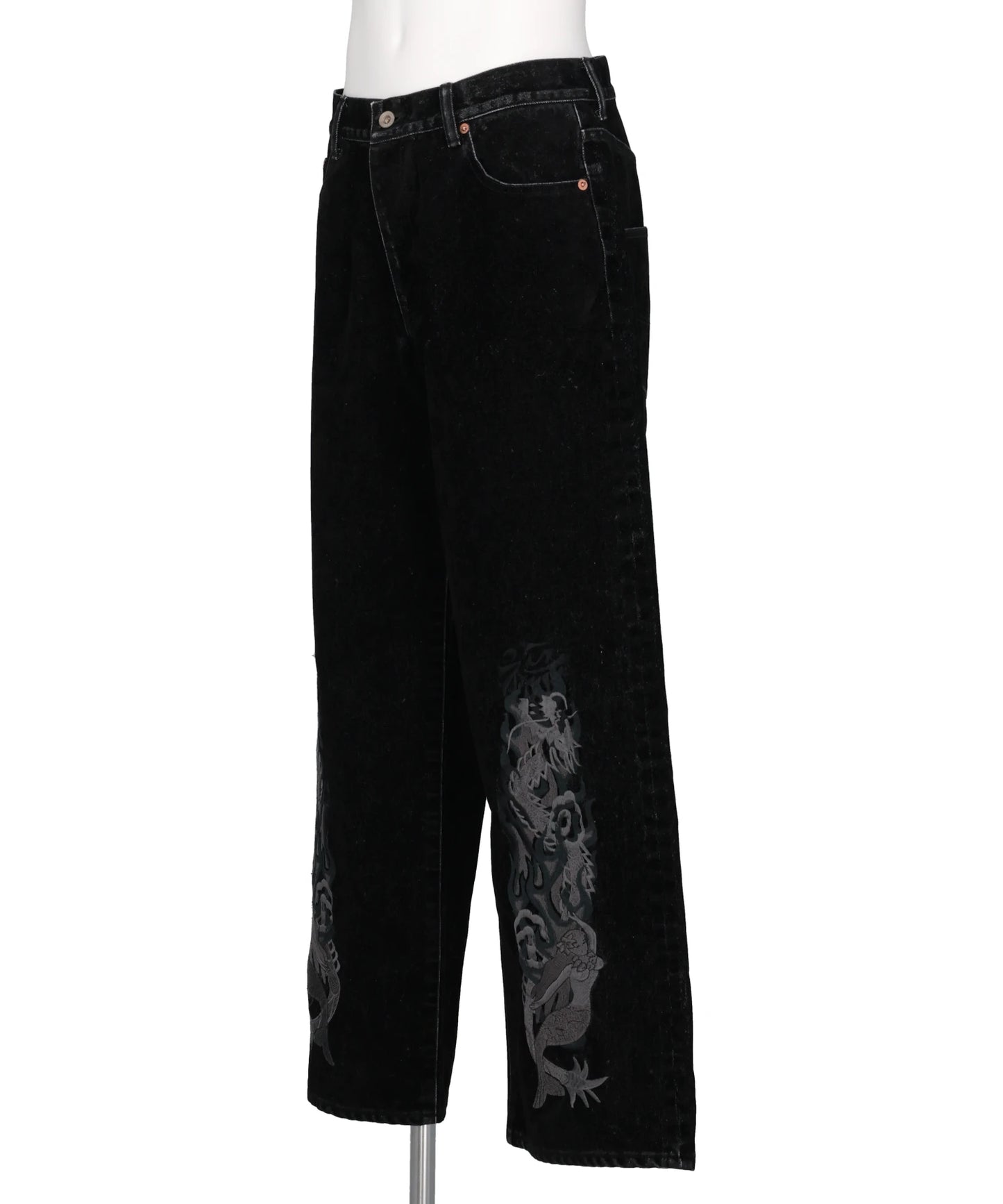FLOCKED DEINM EMBROIDERED PANTS