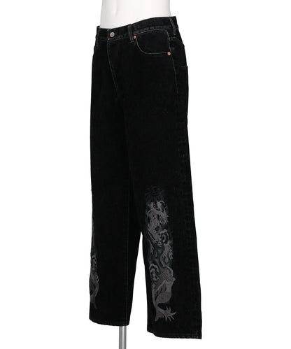 FLOCKED DEINM EMBROIDERED PANTS