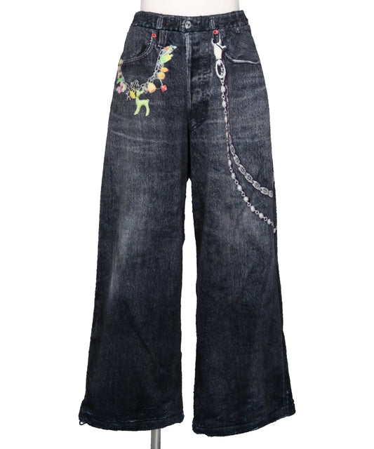 FLEECE DENIM PRINT WIDE PANTS