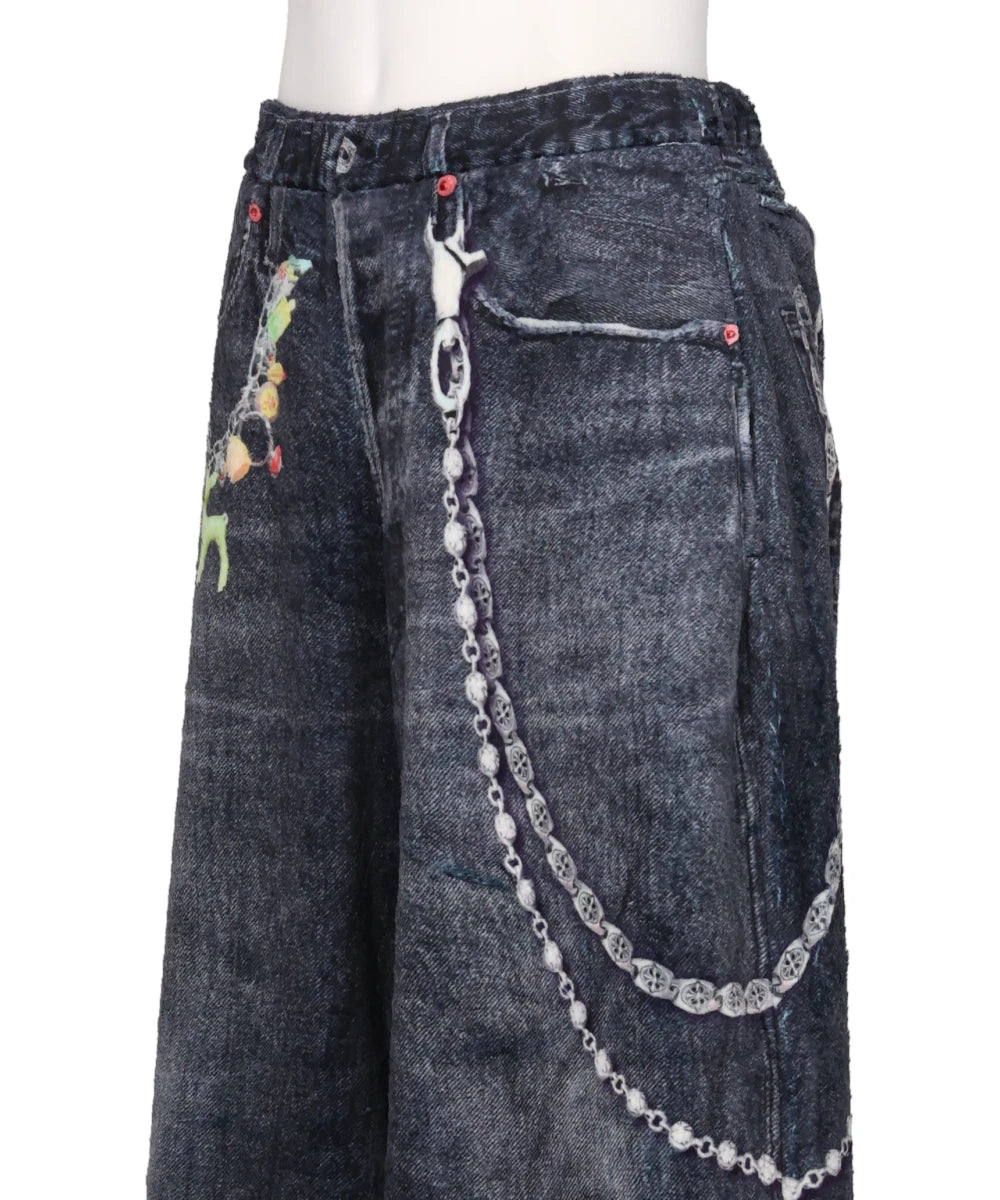 FLEECE DENIM PRINT WIDE PANTS