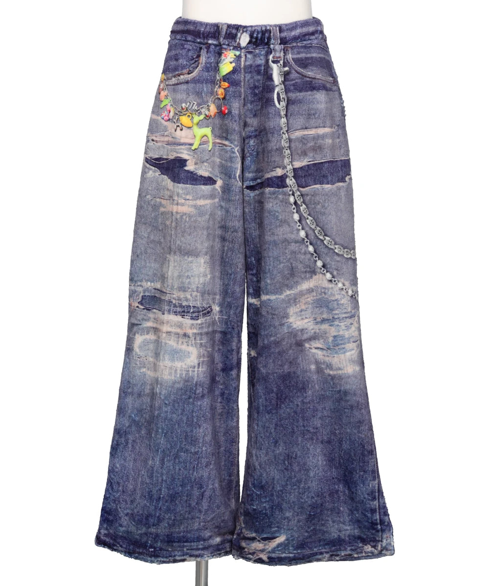 FLEECE DENIM PRINT WIDE PANTS