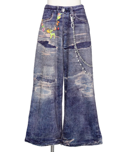 FLEECE DENIM PRINT WIDE PANTS