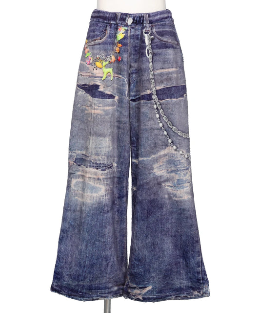 FLEECE DENIM PRINT WIDE PANTS