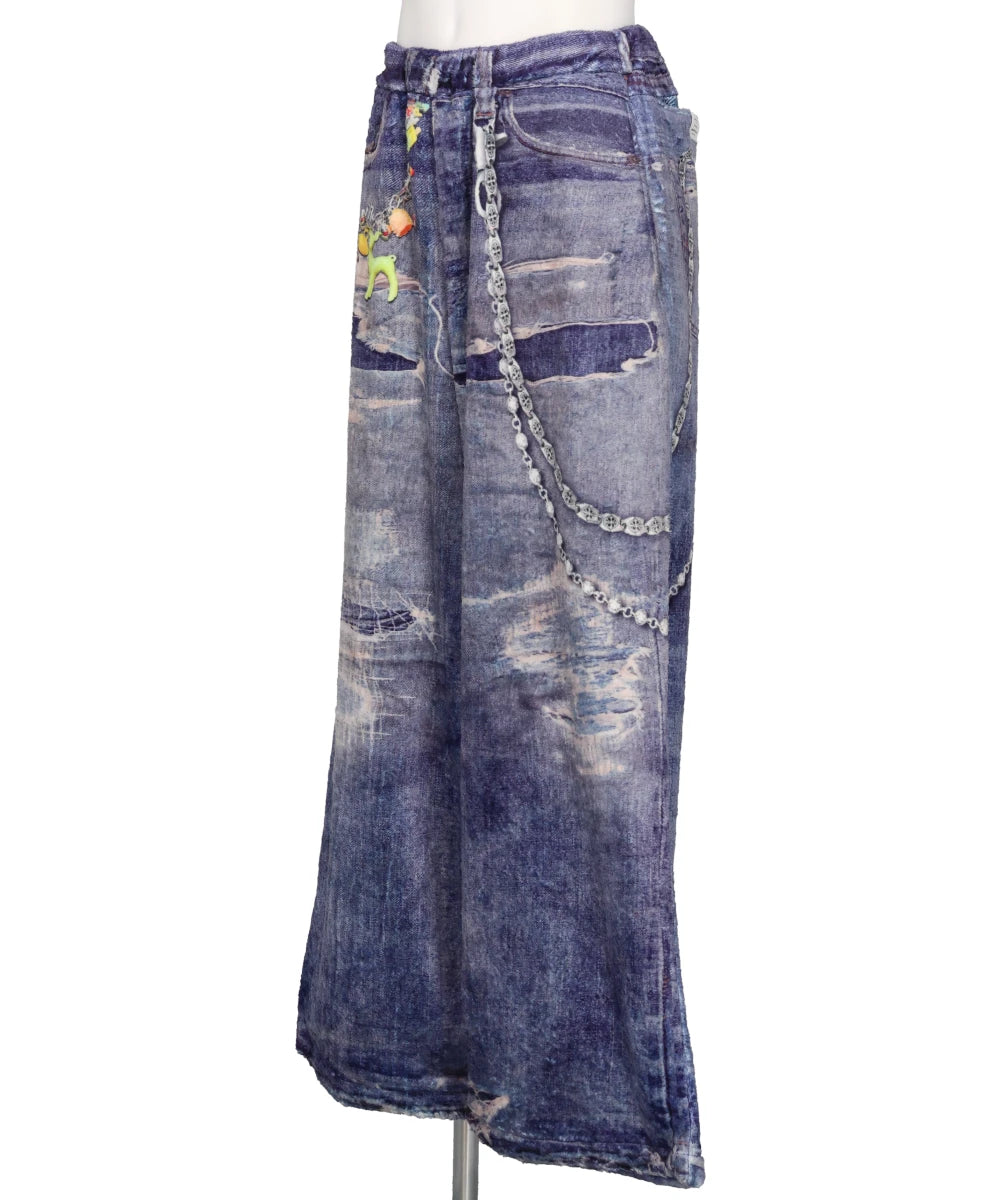 FLEECE DENIM PRINT WIDE PANTS