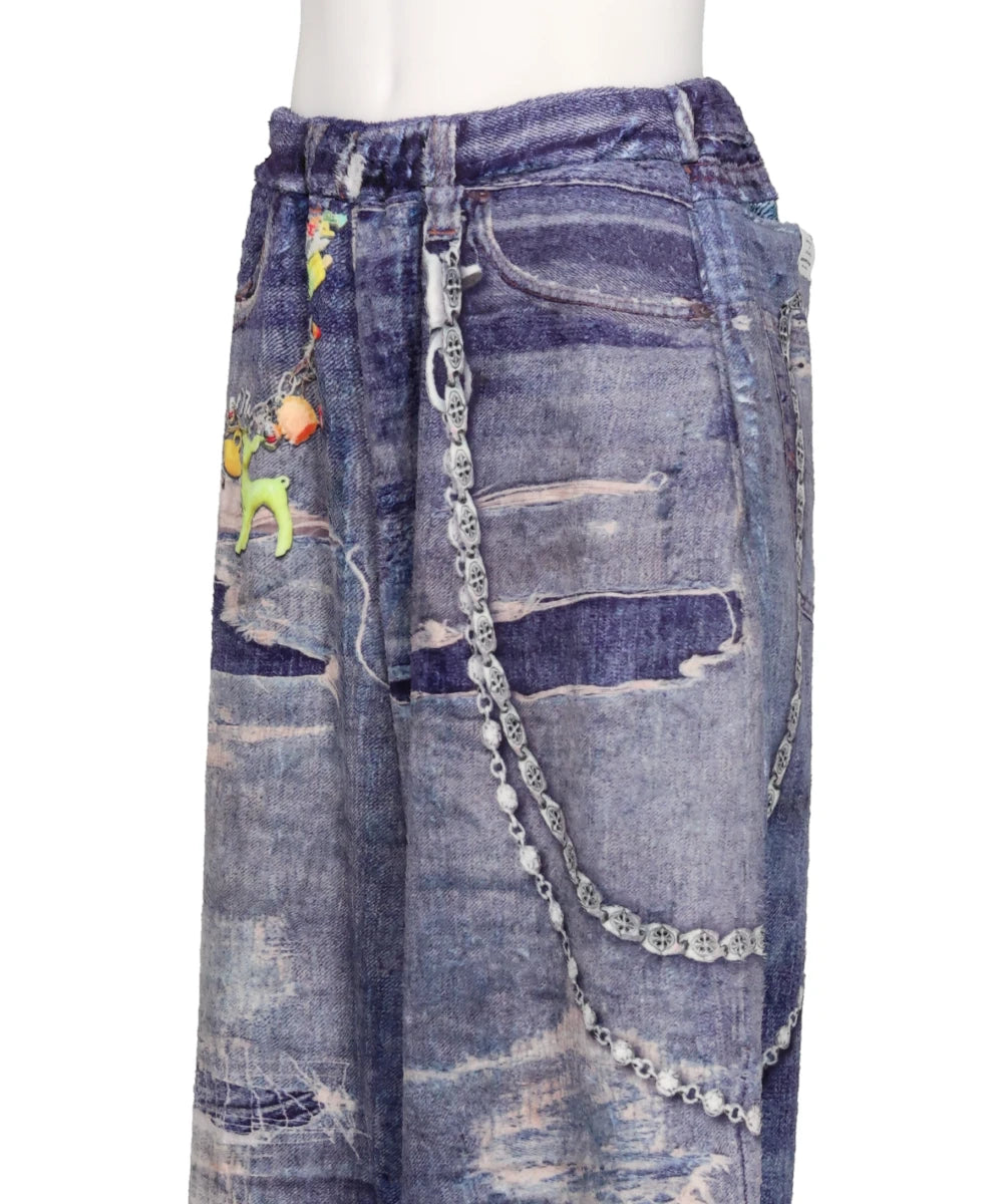 FLEECE DENIM PRINT WIDE PANTS