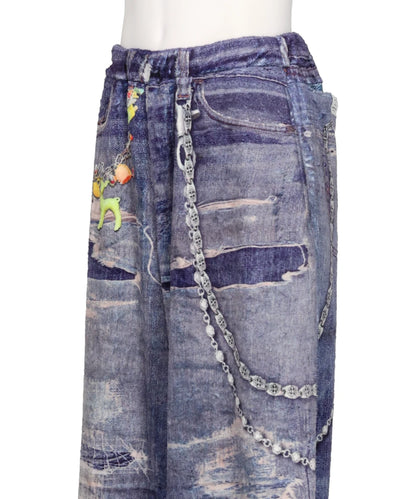 FLEECE DENIM PRINT WIDE PANTS