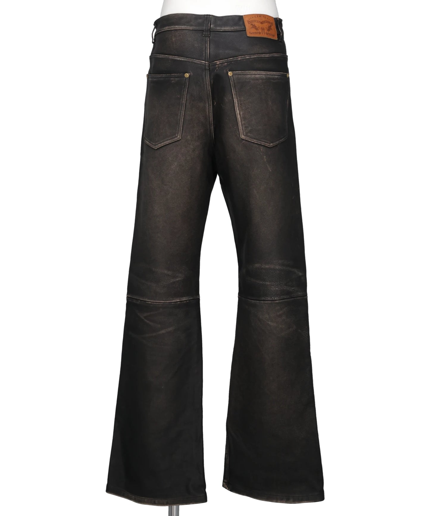 DISTRESSED LEATHER BOOTCUT PANTS