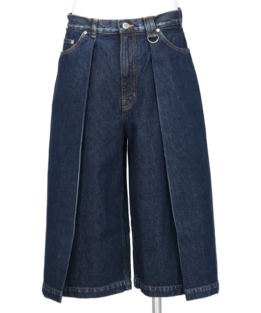 WASHED DENIM TUCKED WIDE SHORTS