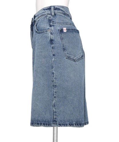 WIDE DENIM SHORTS WITH CROCHET TRUMPET- WASHED DENIM BLU