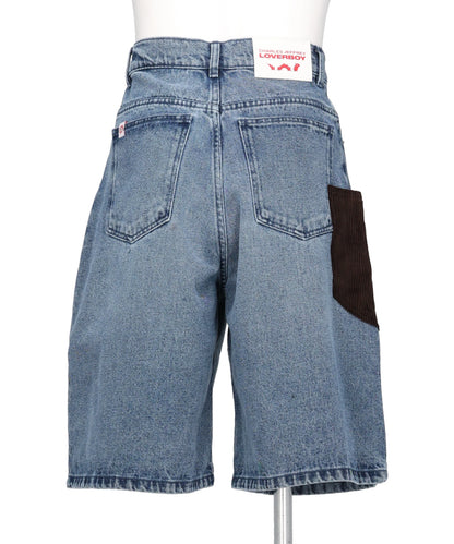 WIDE DENIM SHORTS WITH CROCHET TRUMPET- WASHED DENIM BLU