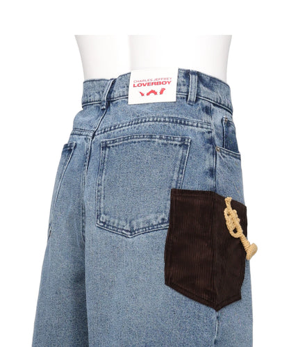 WIDE DENIM SHORTS WITH CROCHET TRUMPET- WASHED DENIM BLU