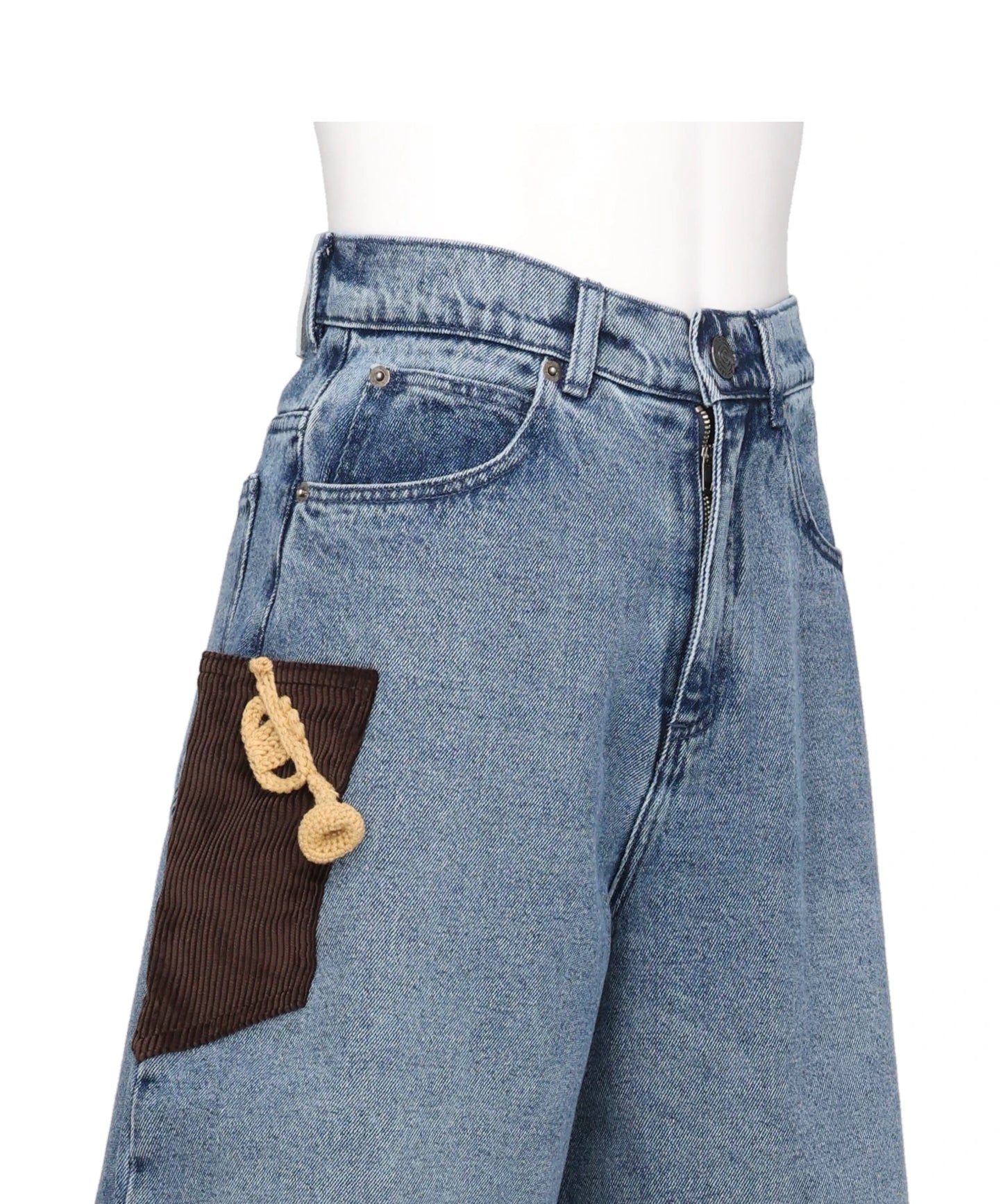 WIDE DENIM SHORTS WITH CROCHET TRUMPET- WASHED DENIM BLU