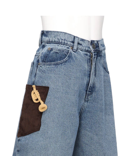 WIDE DENIM SHORTS WITH CROCHET TRUMPET- WASHED DENIM BLU