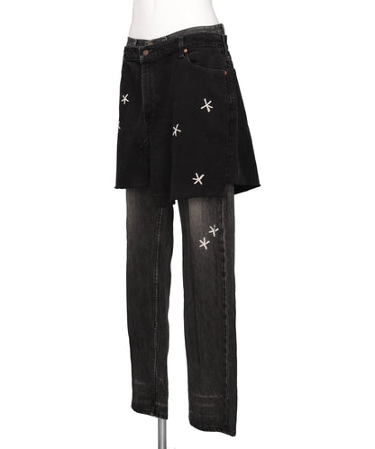 NEWSED / SKIRT DOCKING FLOWEREMBROIDERYD DENIM