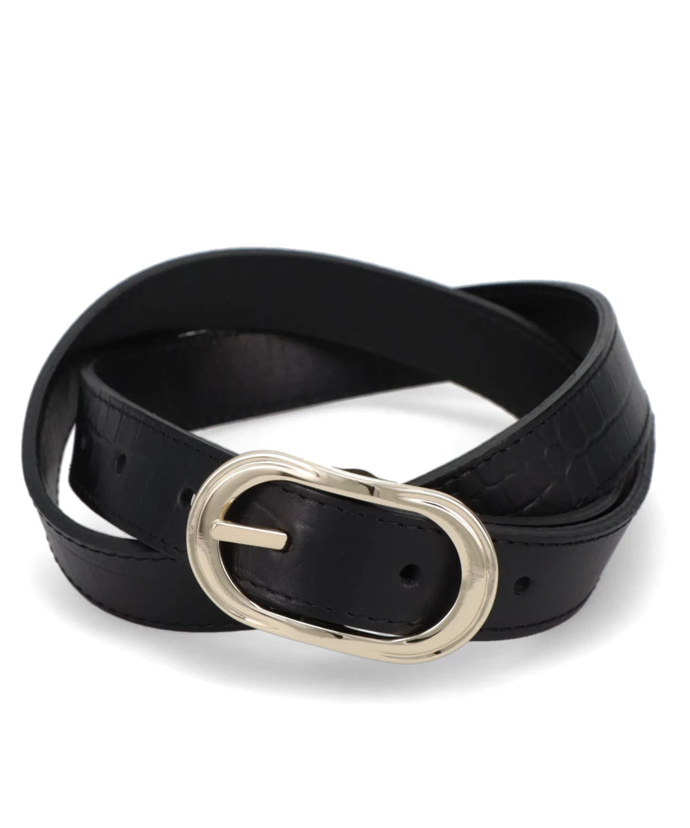 GOLD BUCKLE LEATHER BELT - BLACK CROCODILE