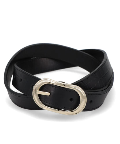 GOLD BUCKLE LEATHER BELT - BLACK CROCODILE